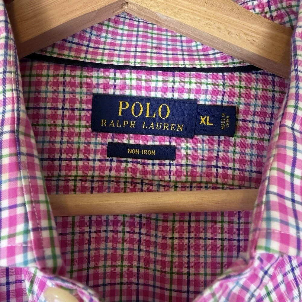 Ralph Lauren Shirt Mens XL Pink Blue Green Non-Iron Cotton Long Sleeve Button Up